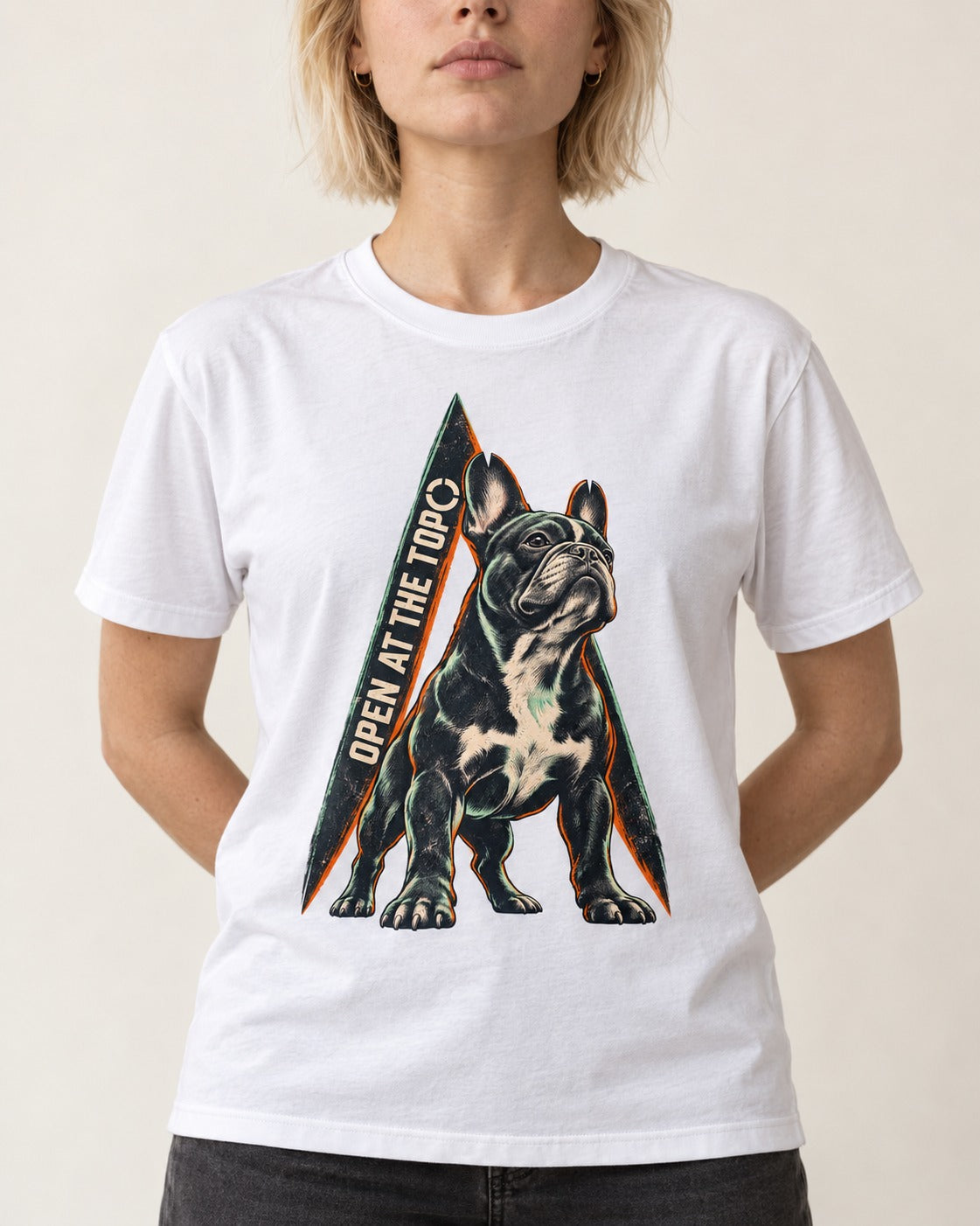Frenchie Open at the Top T-Shirt in White, worn by a model, front view