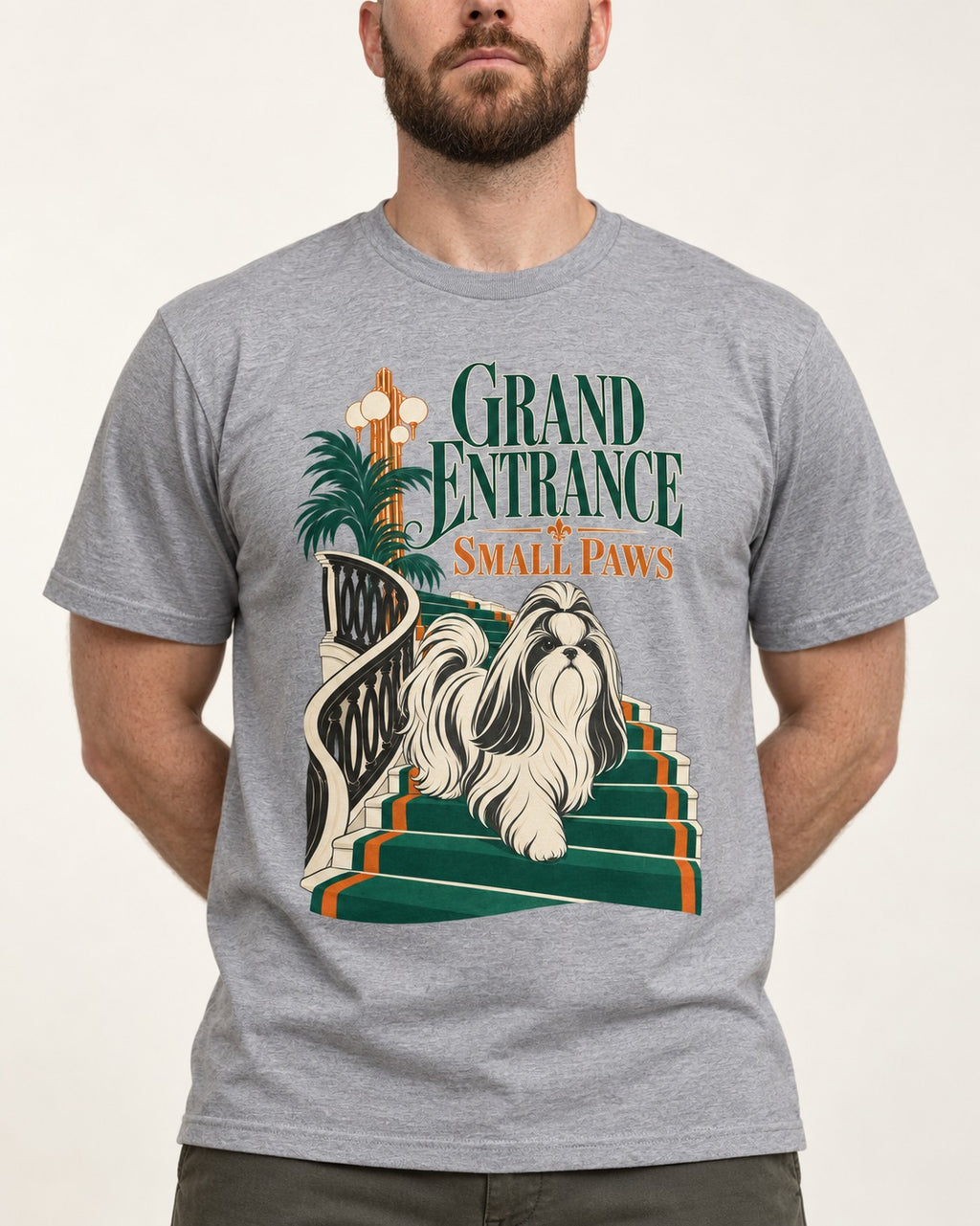 Shih Tzu Grand Entrance Small Paws Staircase Graphic T-Shirt in Sport Grey, worn by a model, front view