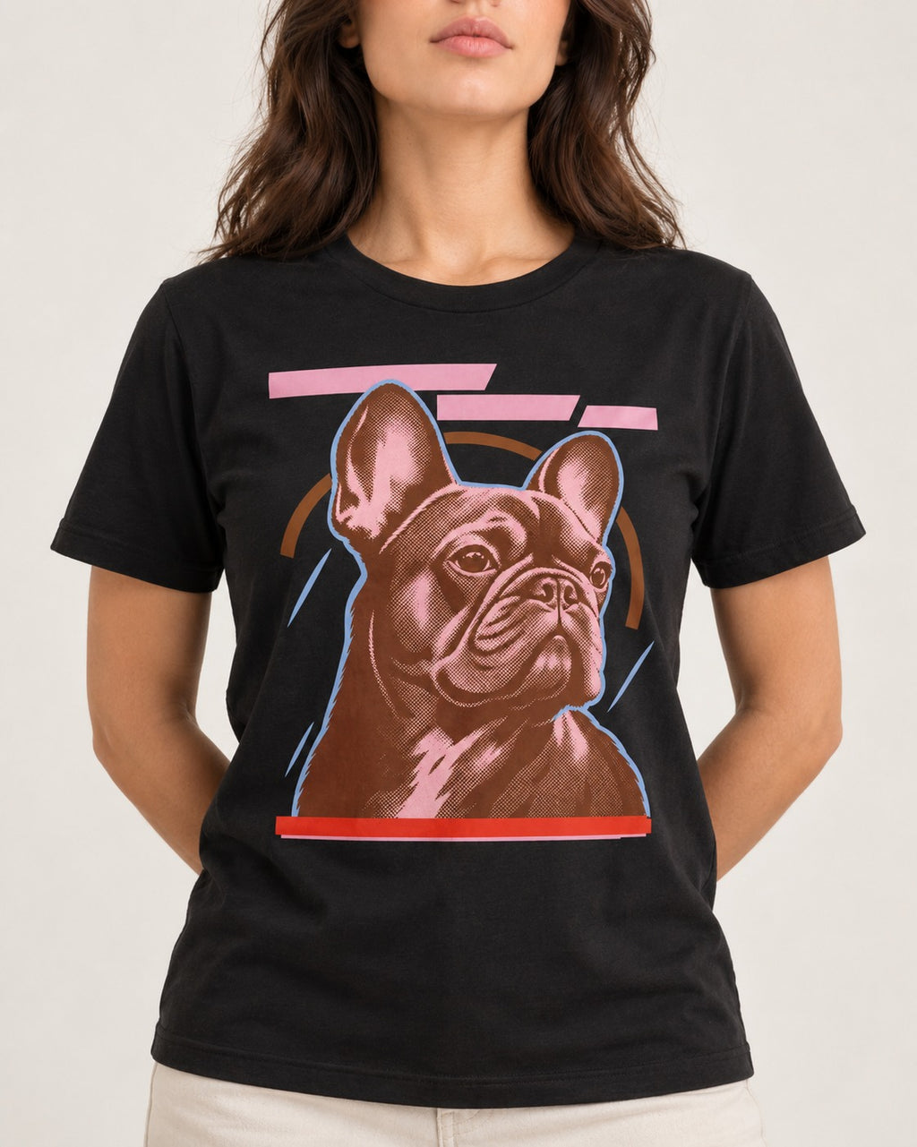 Frenchie Geometric Portrait Graphic T-Shirt in Black, worn by a model, front view