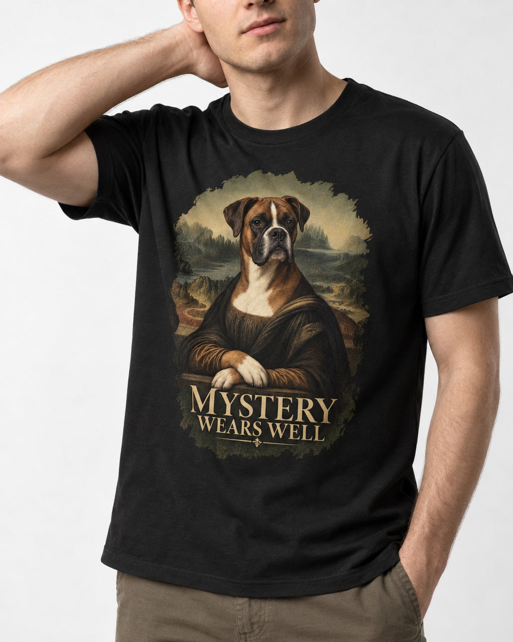 Mystery Wears Well Boxer Mona Lisa Portrait T-Shirt in Black, worn by a model, front view