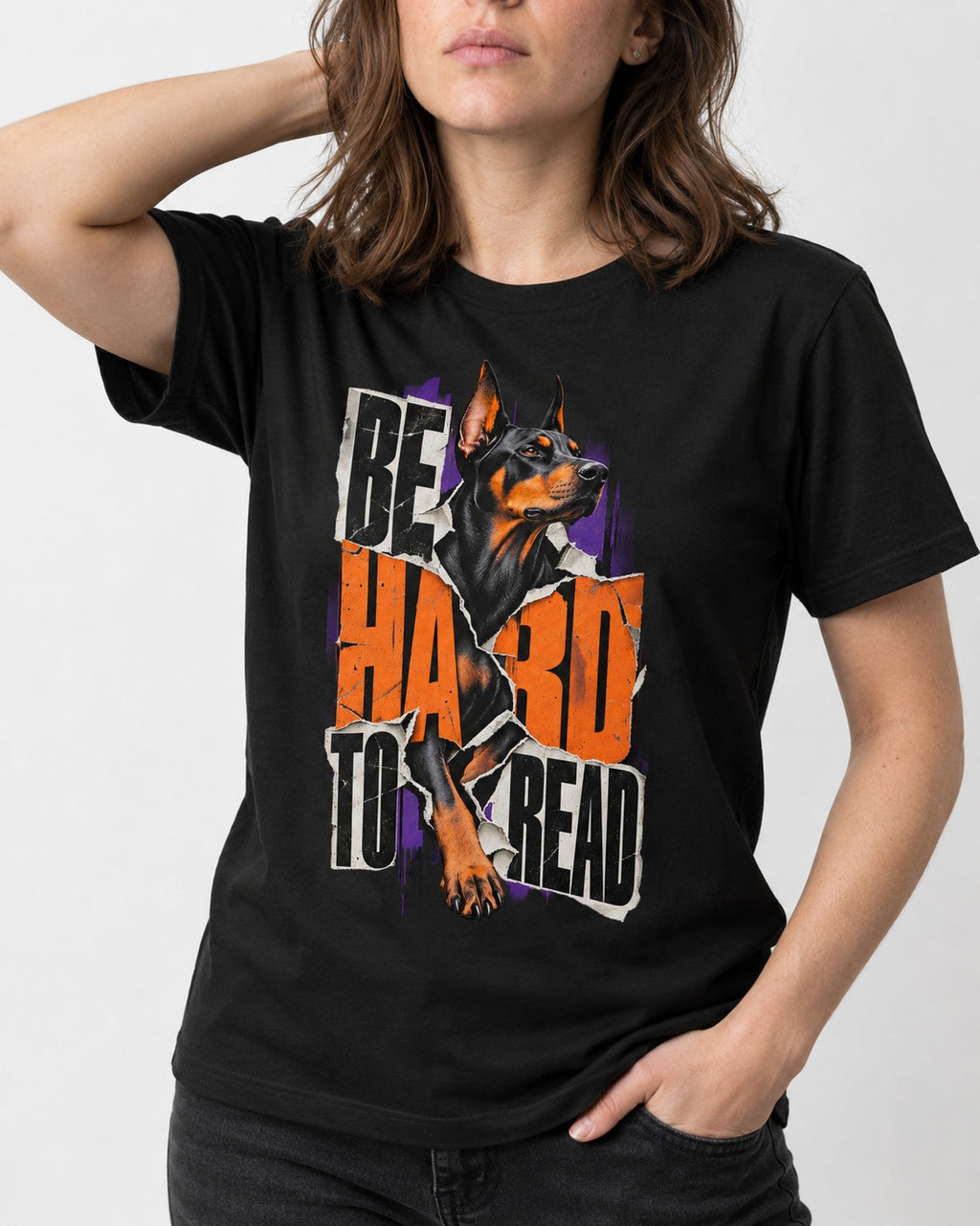 Doberman Be Hard to Read Torn Poster Graphic T-Shirt in Black, worn by a model, front view