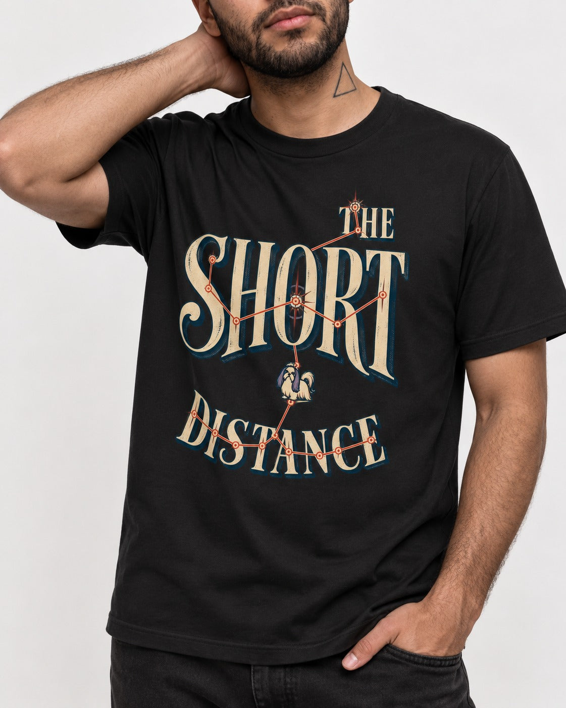 Shih Tzu The Short Distance Route Graphic T-Shirt in Black, worn by a model, front view