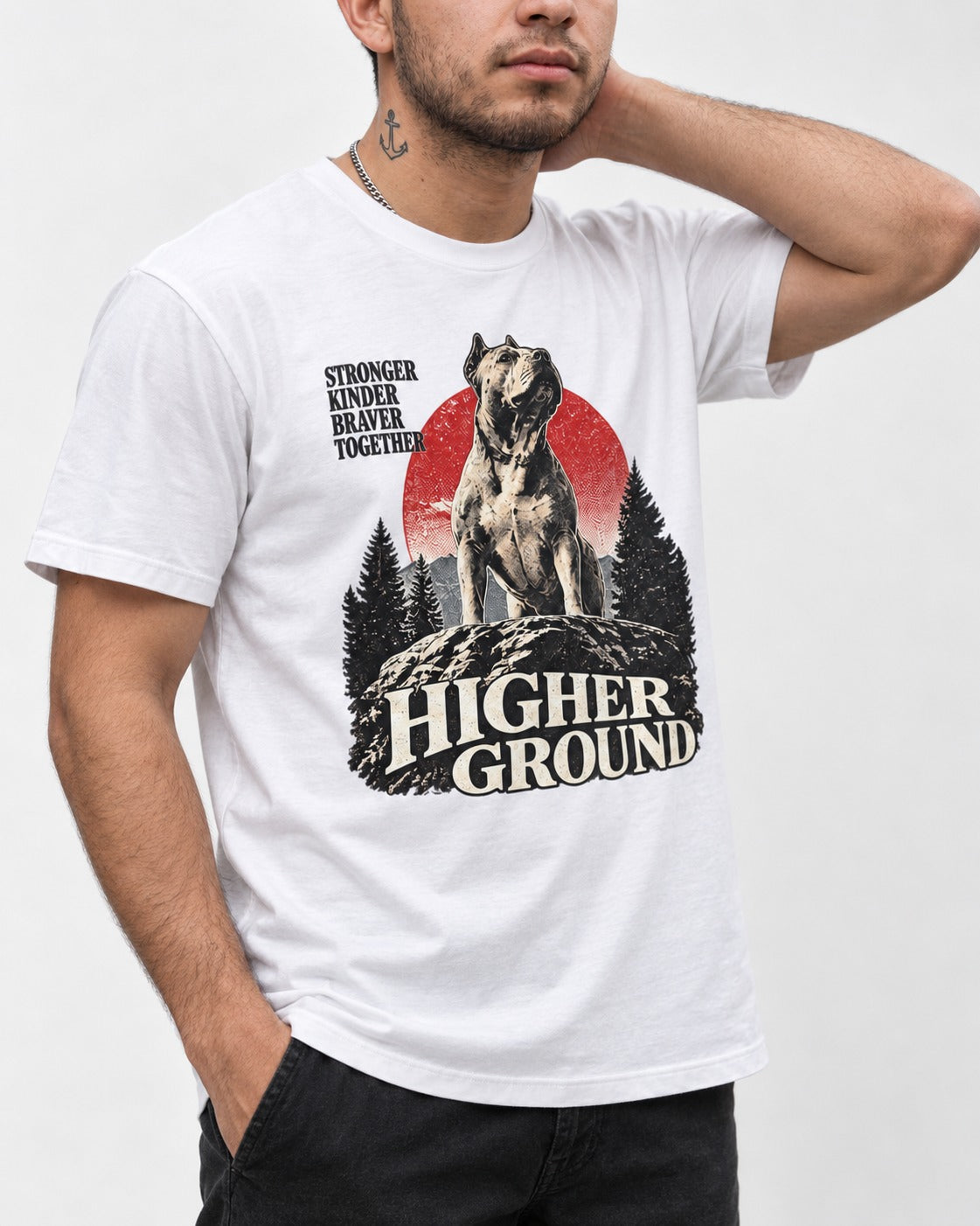 Pitbull Higher Ground T-Shirt in White, worn by a model, front view
