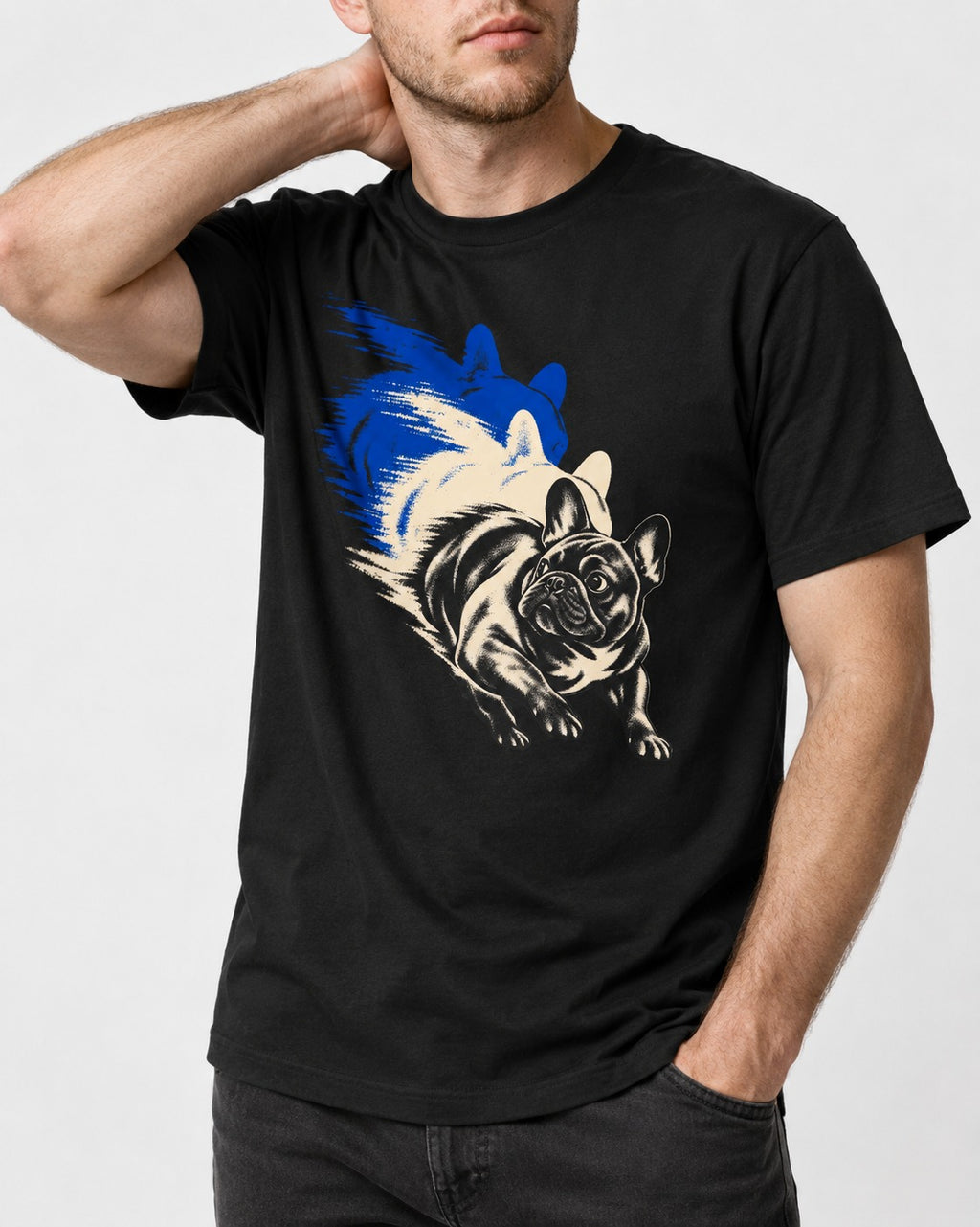 Frenchie Blue Brush Zoomie Graphic T-Shirt in Black, worn by a model, front view