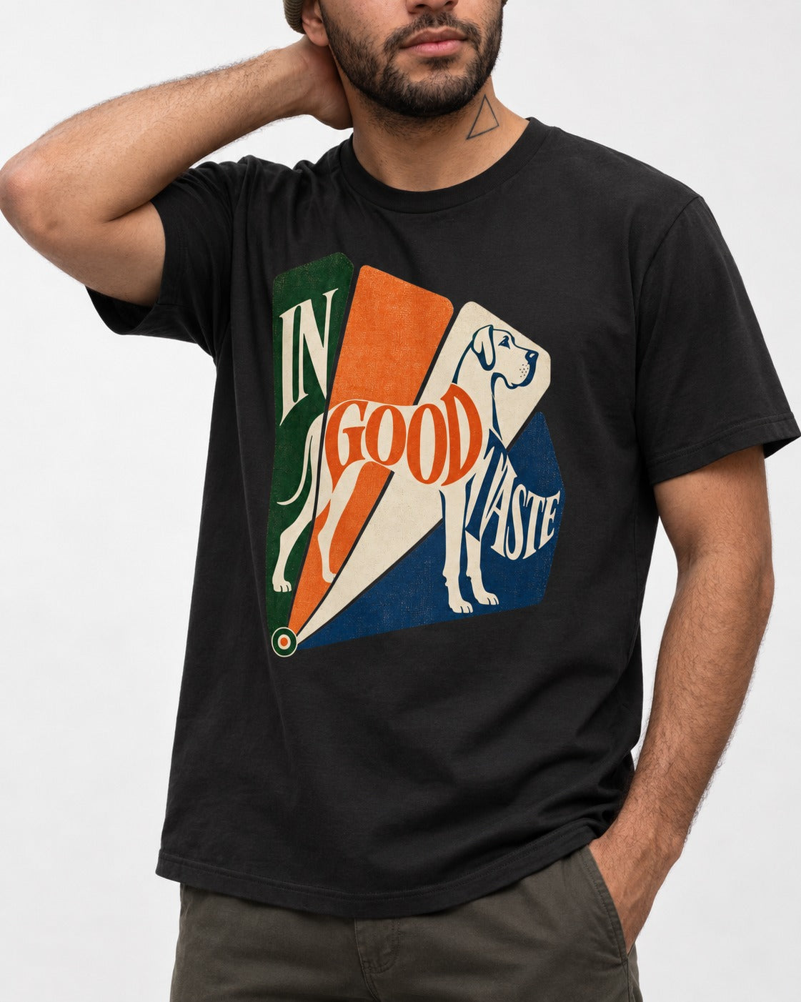 Great Dane In Good Taste Color Fan Graphic T-Shirt in Black, worn by a model, front view