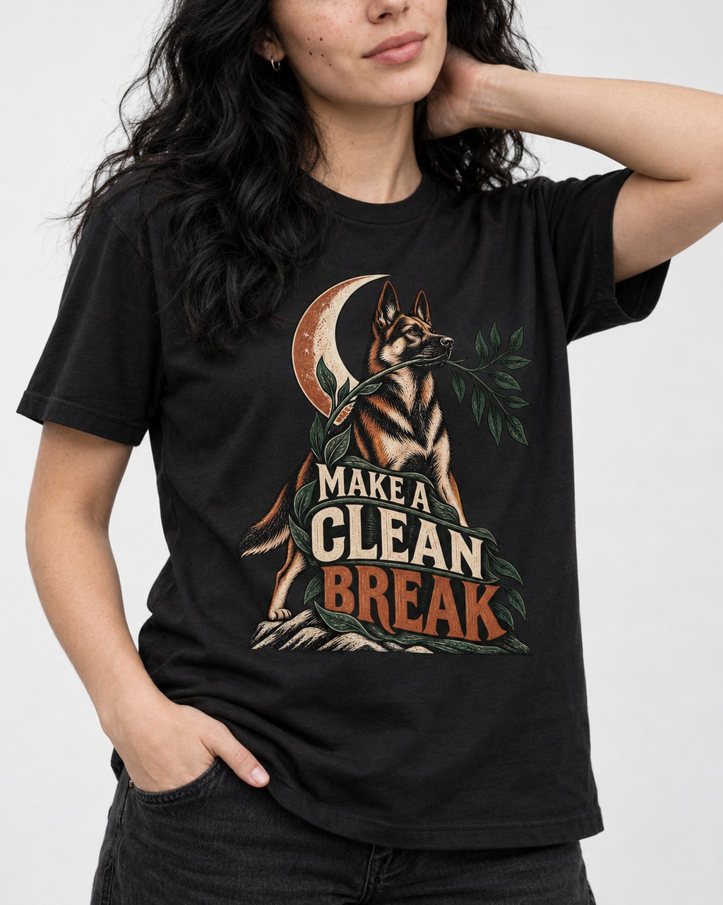 Make A Clean Break Crescent Botanical German Shepherd Dog Graphic T-Shirt in Black, worn by a model, front view