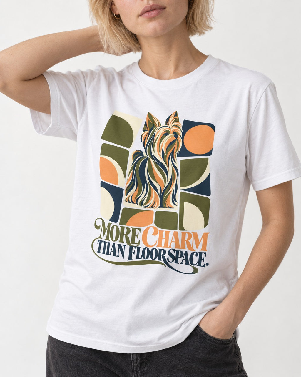 Yorkshire Terrier More Charm Than Space T-Shirt in White, worn by a model, front view
