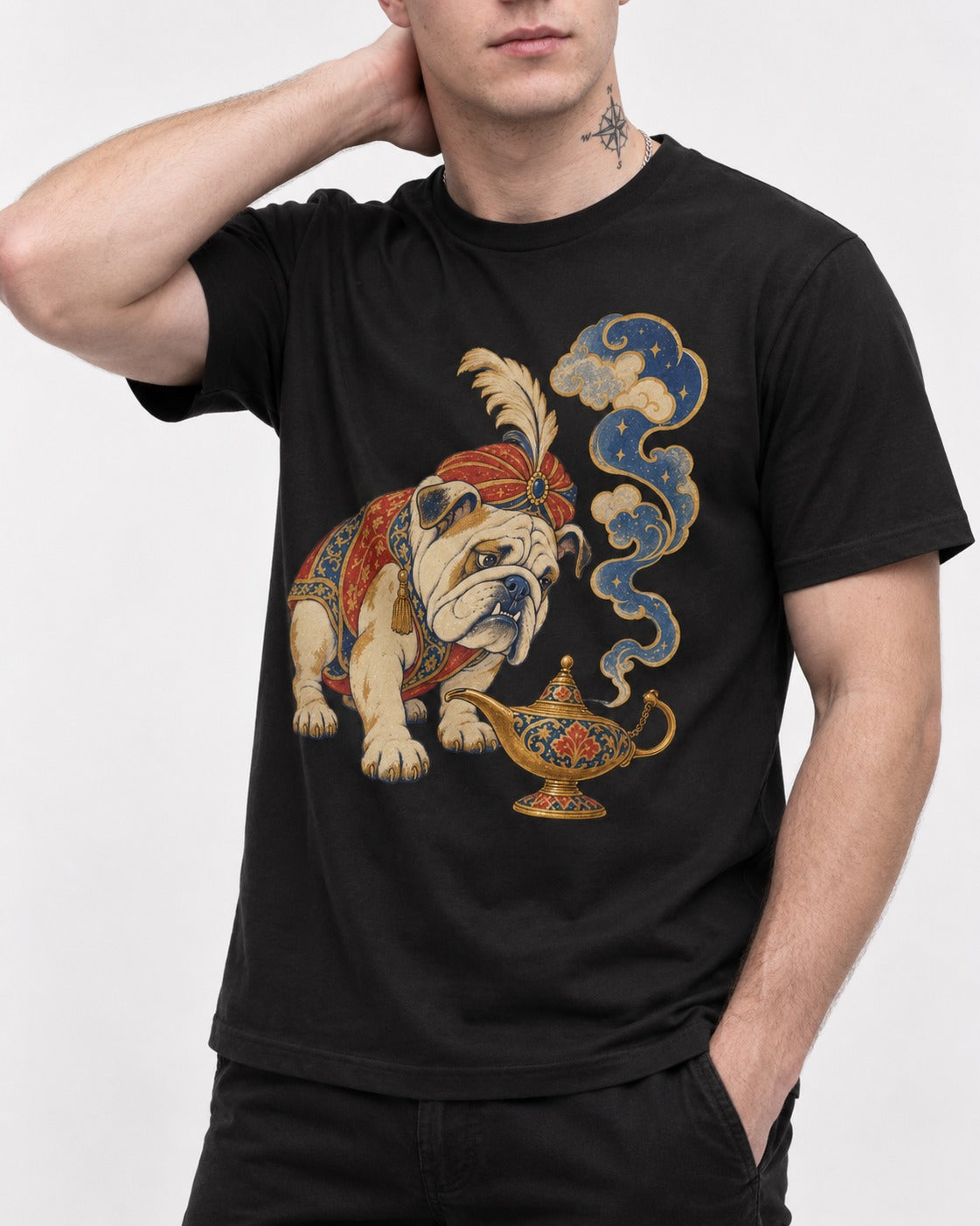 English Bulldog Magic Lamp Genie Graphic T-Shirt in Black, worn by a model, front view