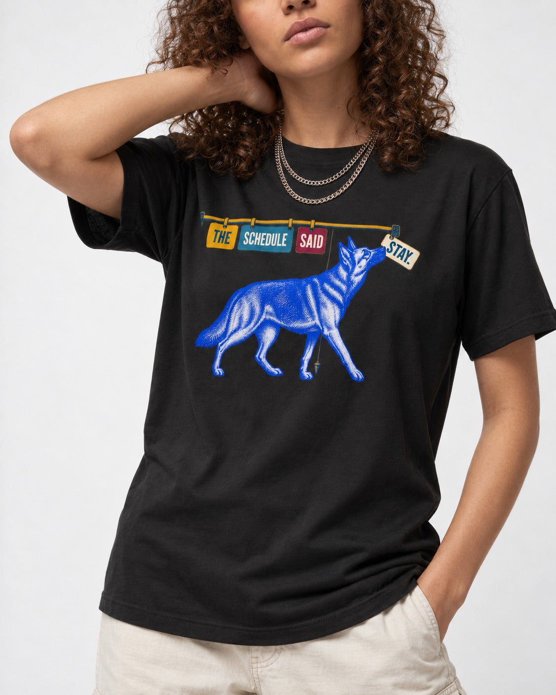 German Shepherd Dog The Schedule Said Stay Graphic T-Shirt in Black, worn by a model, front view