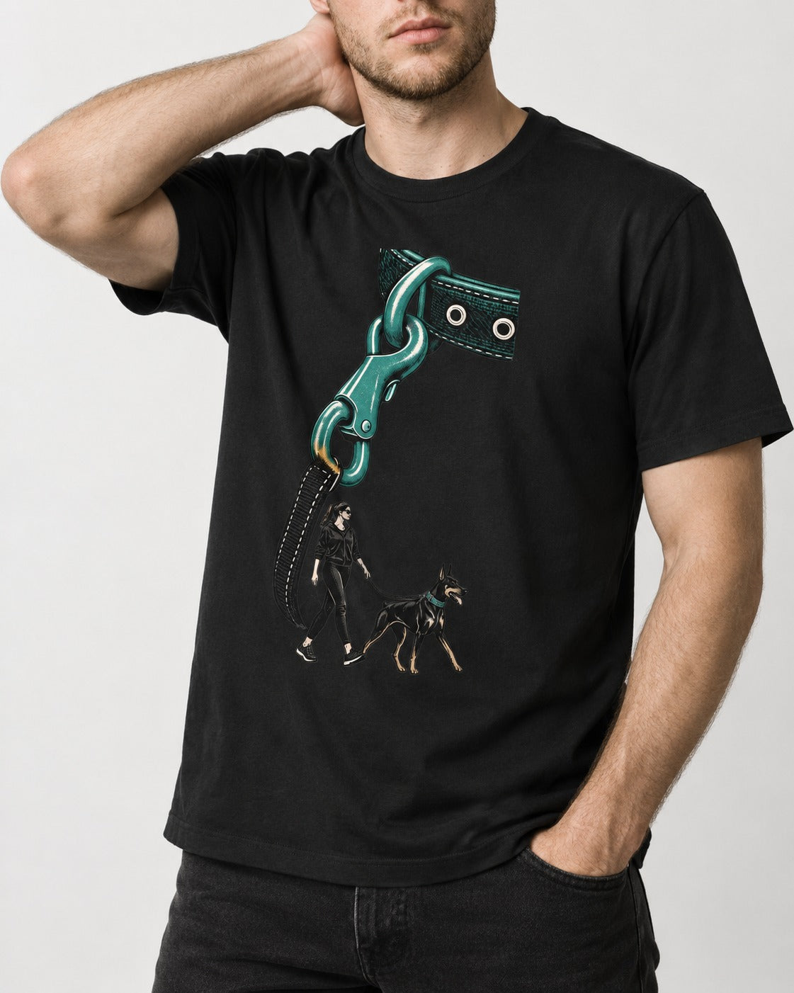 Doberman Oversized Leash Hardware Walk Graphic T-Shirt in Black, worn by a model, front view