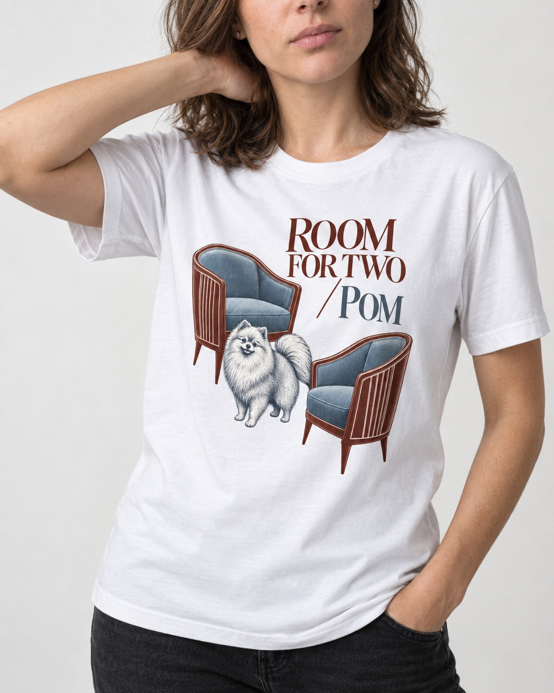 Room for Two with Pomeranian T-Shirt in White, worn by a model, front view