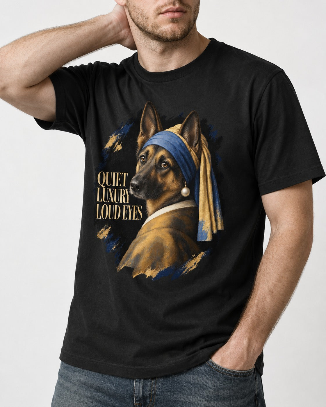 German Shepherd Dog Quiet Luxury Loud Eyes Pearl Portrait T-Shirt in Black, worn by a model, front view
