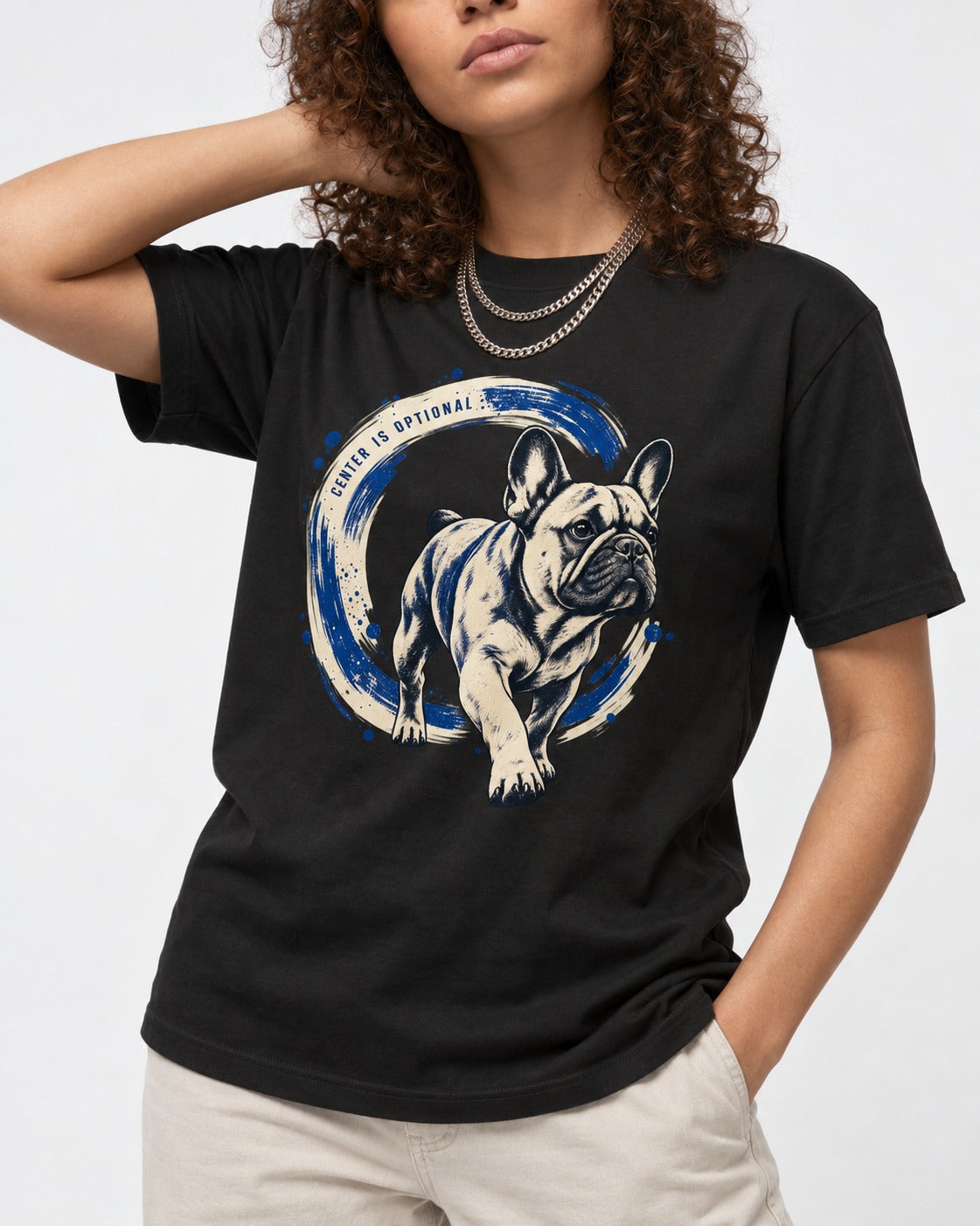 Frenchie Center Is Optional Brush Circle Graphic T-Shirt in Black, worn by a model, front view