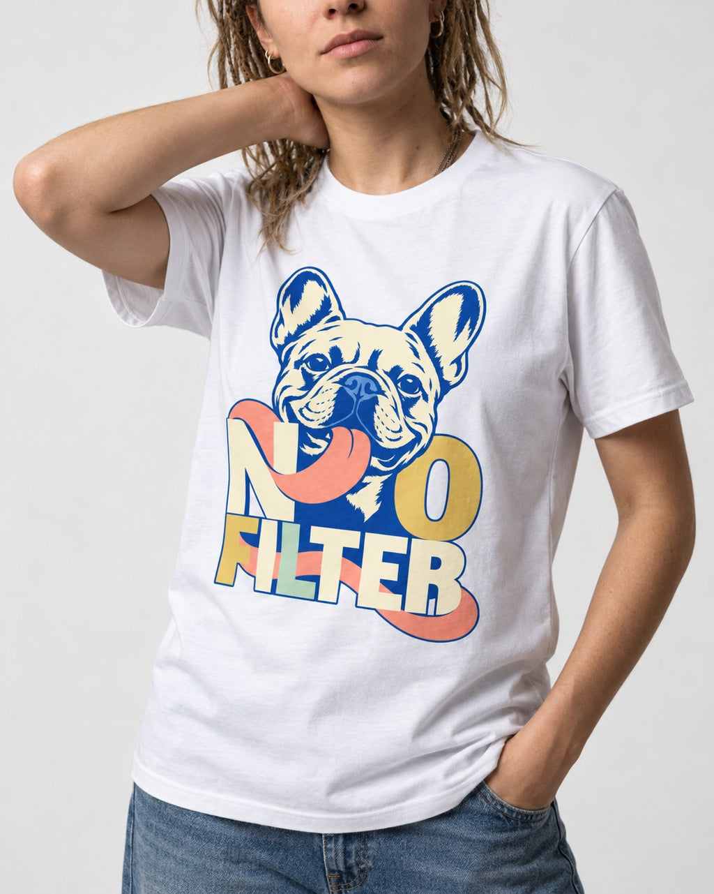 No Filter Frenchie T-Shirt in White, worn by a model, front view