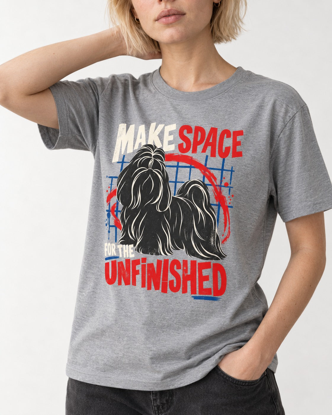 Shih Tzu Make Space for the Unfinished Abstract Circle Graphic T-Shirt in Sport Grey, worn by a model, front view