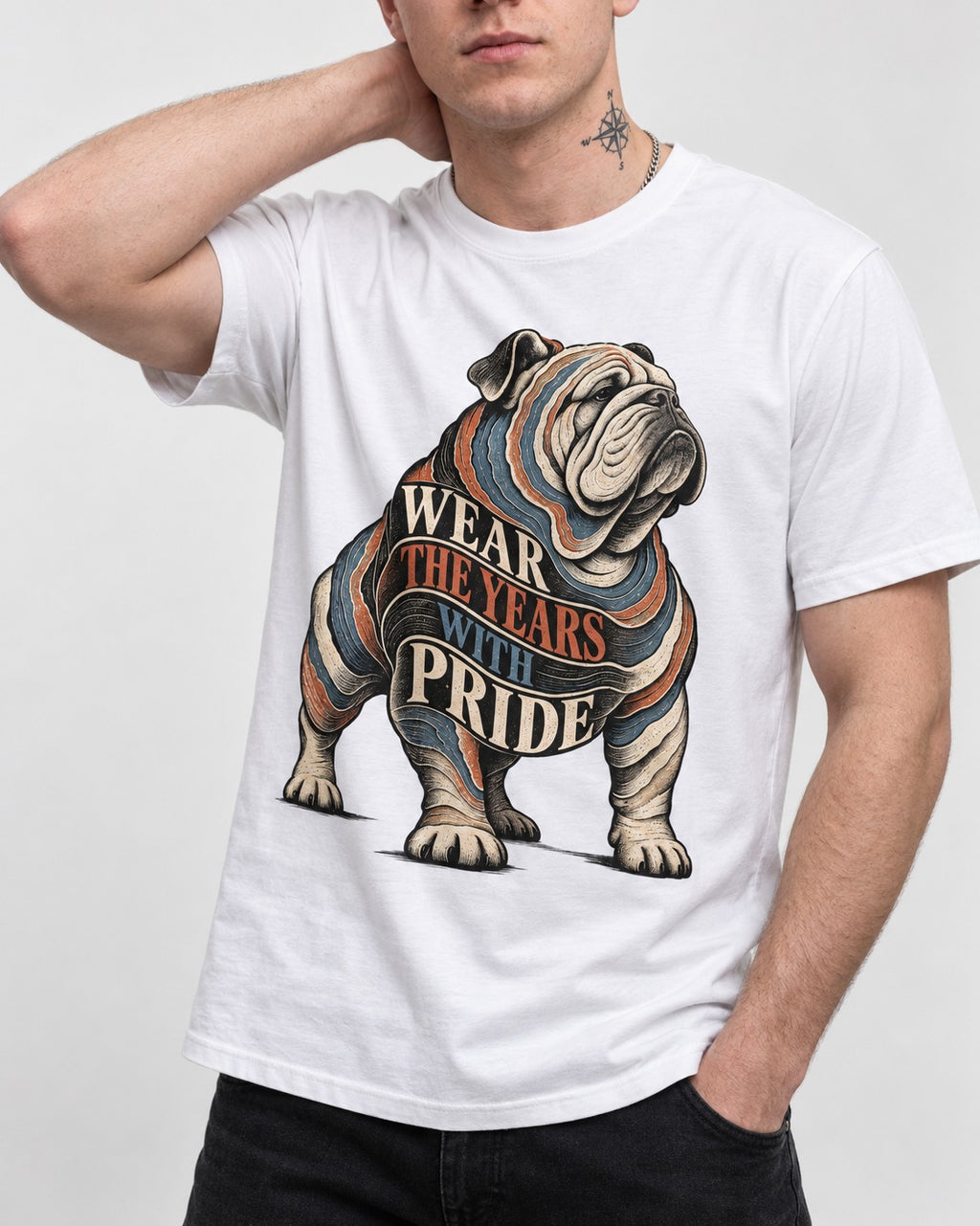 English Bulldog Wear the Years T-Shirt in White, worn by a model, front view