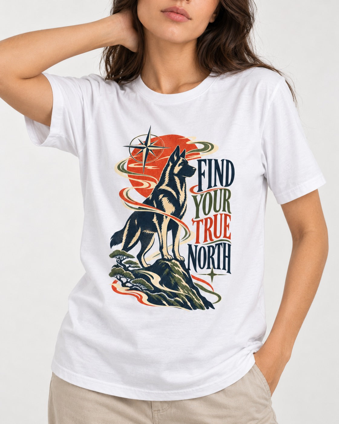Find Your True North German Shepherd Dog T-Shirt in White, worn by a model, front view