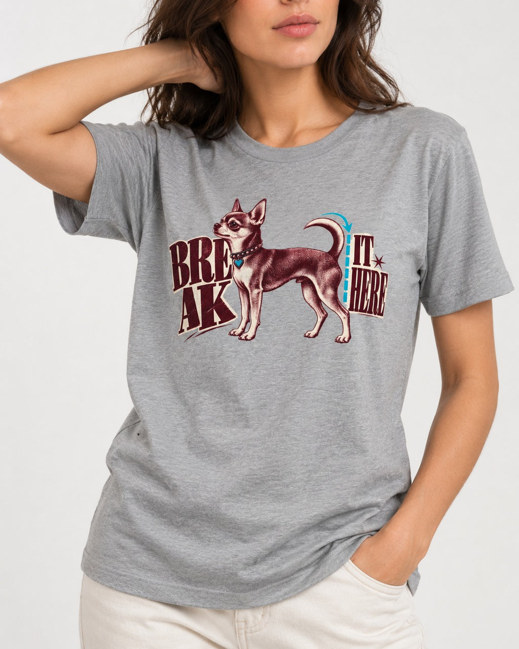 Chihuahua Break It Here Perforation Graphic T-Shirt in Sport Grey, worn by a model, front view