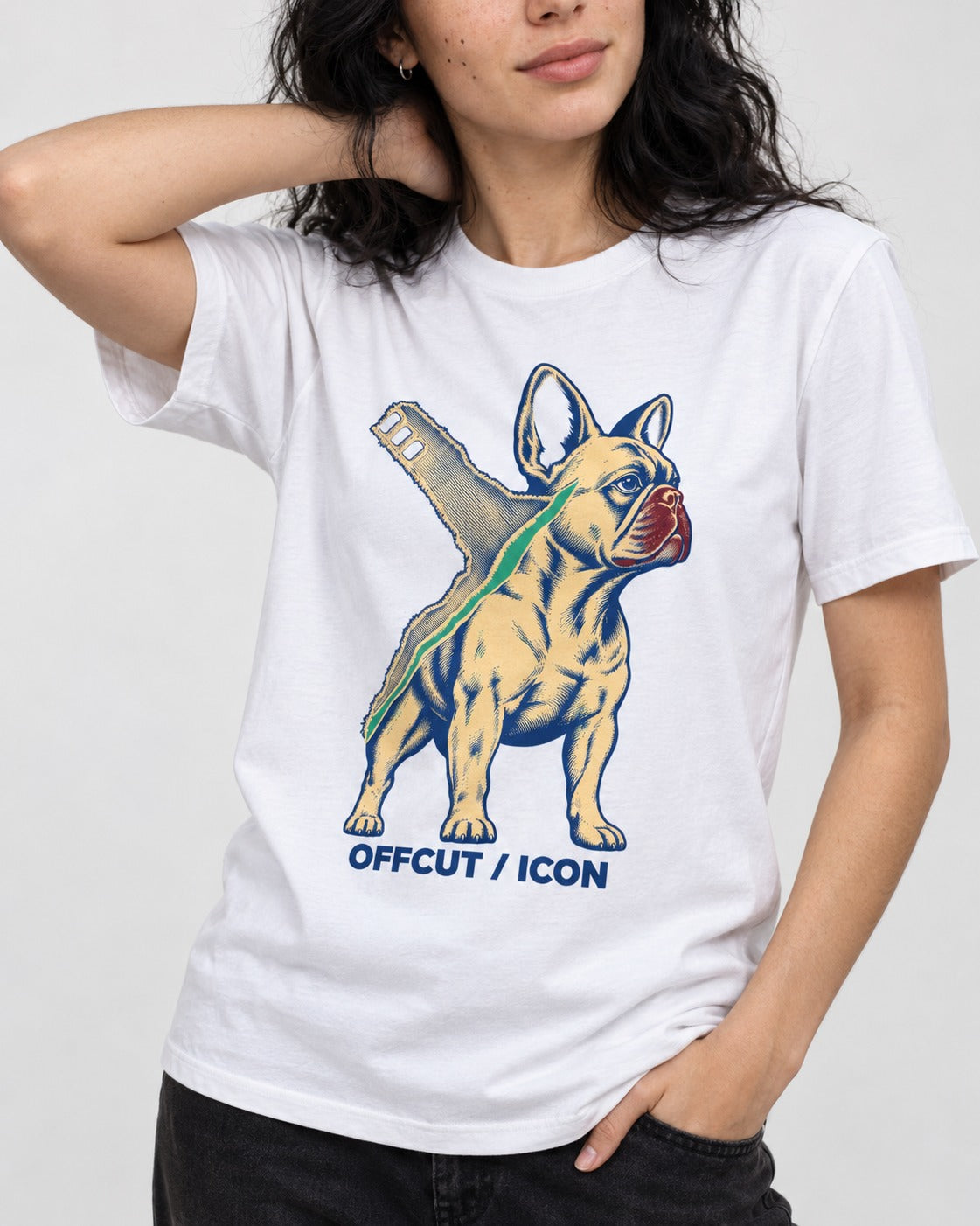Offcut Frenchie Icon T-Shirt in White, worn by a model, front view