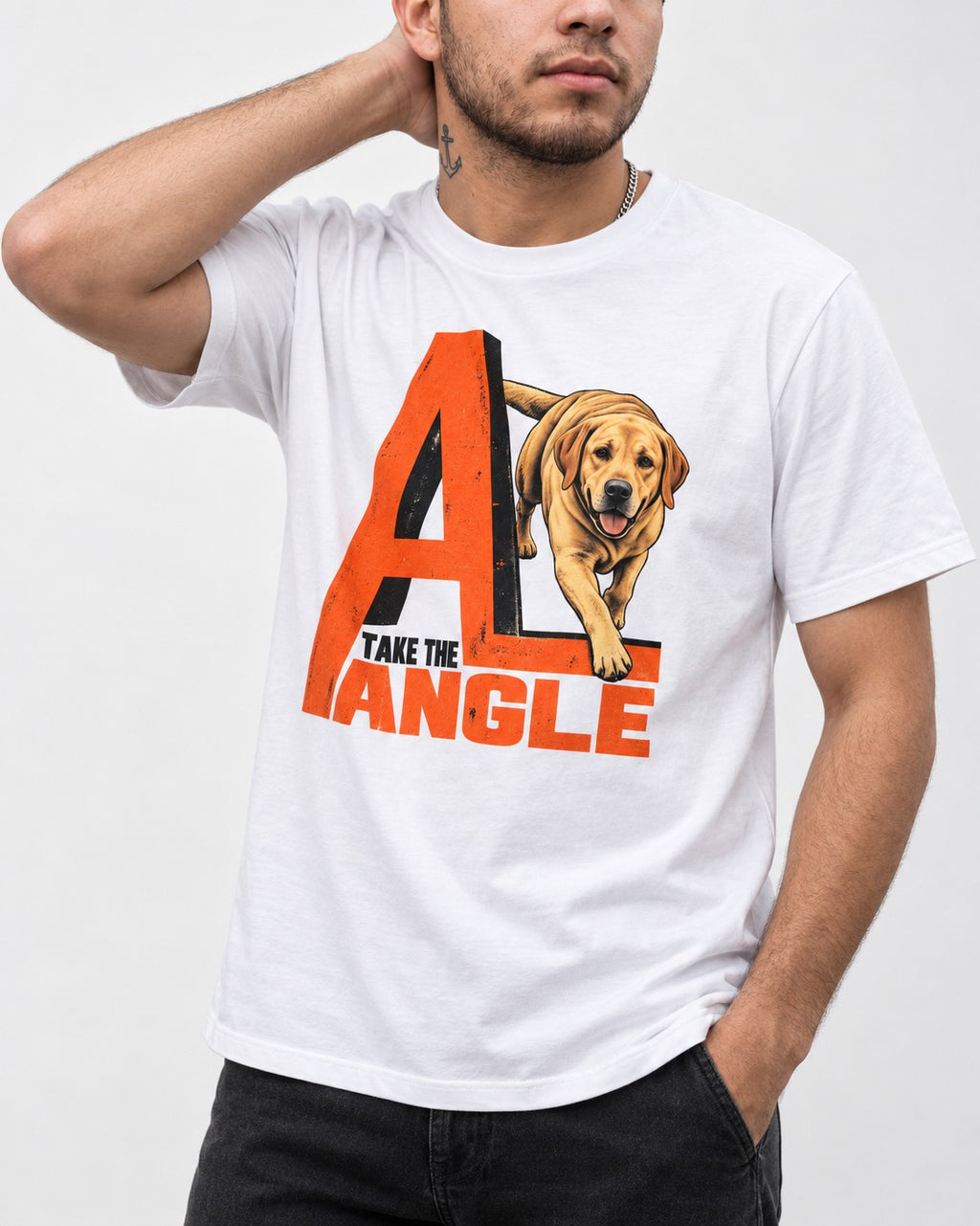 Take the Angle Labrador Retriever T-Shirt in White, worn by a model, front view