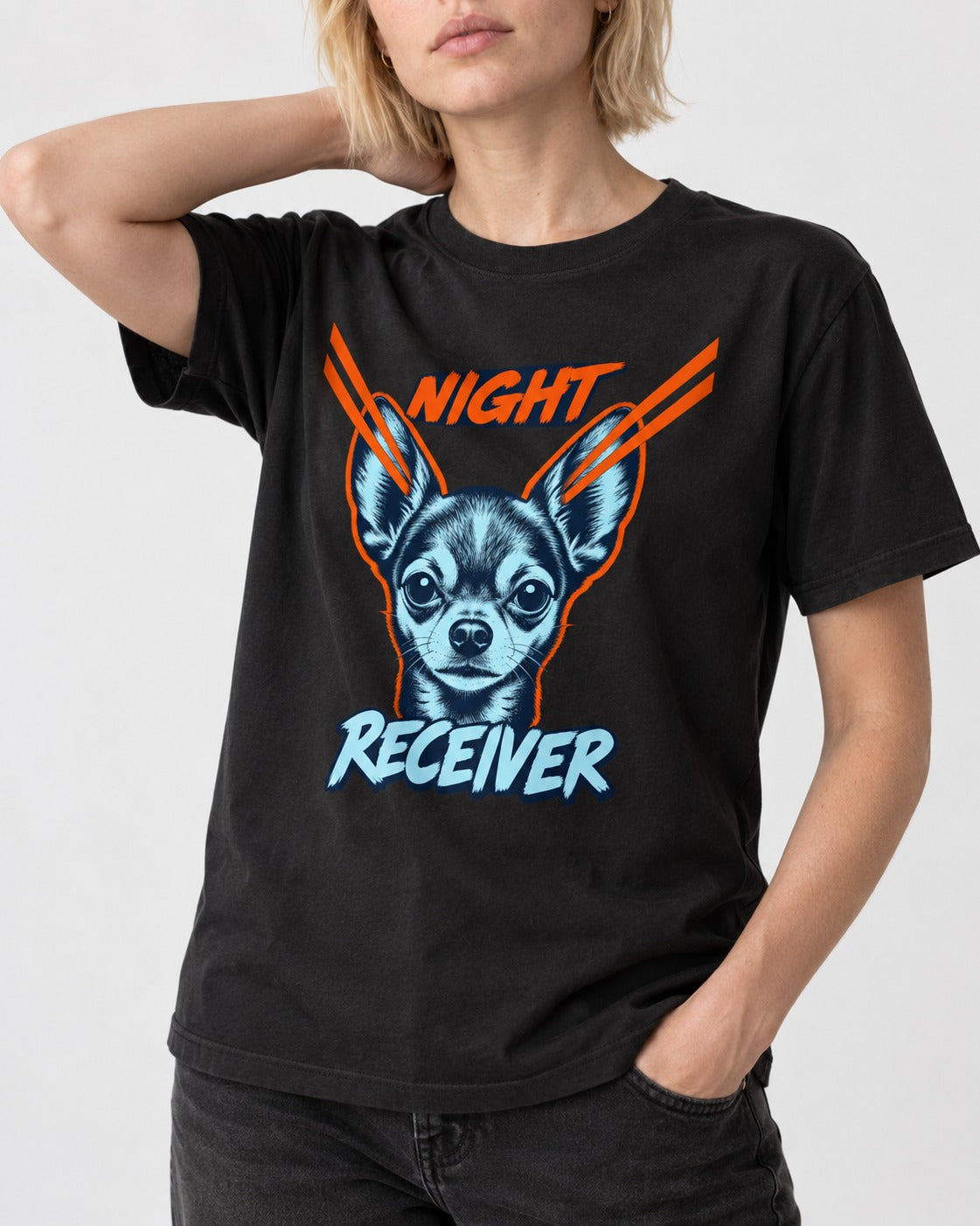 Chihuahua Night Receiver Signal Portrait Graphic T-Shirt in Black, worn by a model, front view