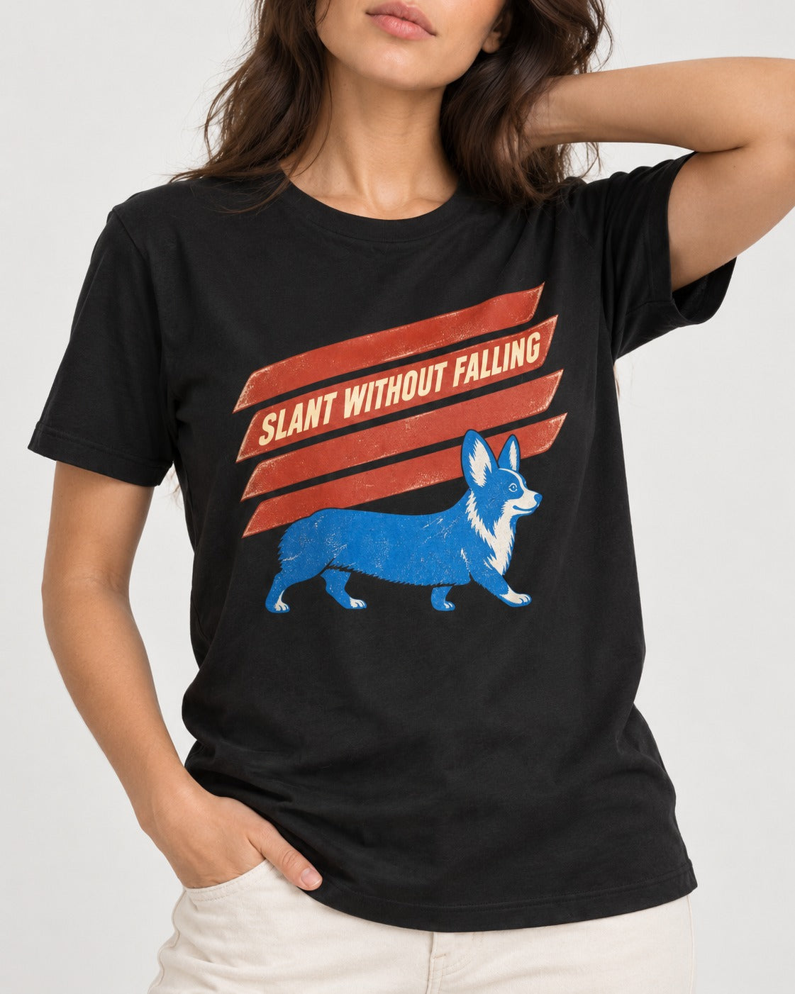 Corgi Slant Without Falling Speed Graphic T-Shirt in Black, worn by a model, front view