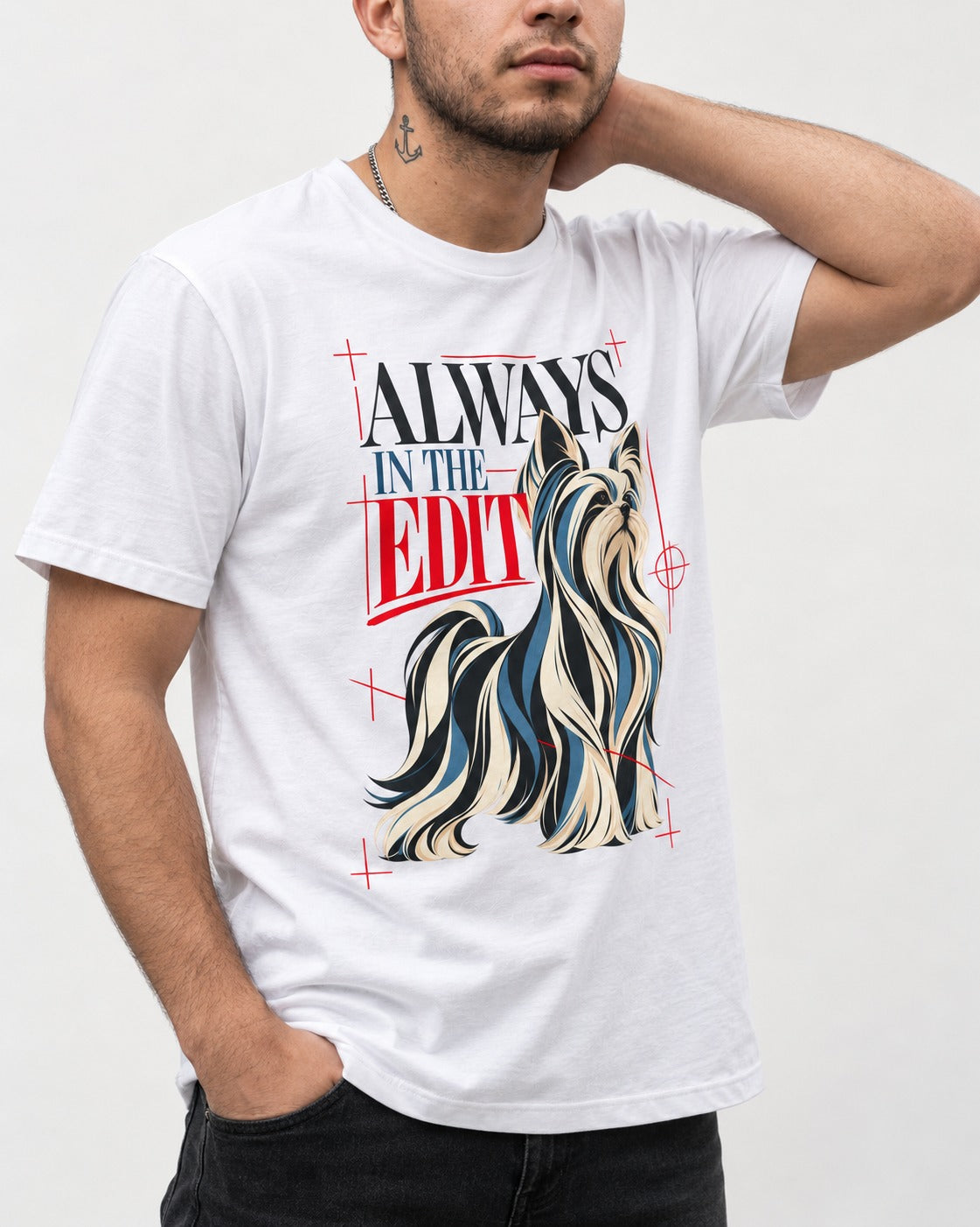 Always in the Edit Yorkshire Terrier T-Shirt in White, worn by a model, front view
