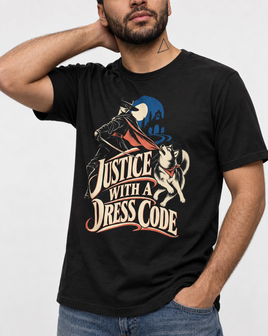 Husky Justice With A Dress Code Masked Swordsman Graphic T-Shirt in Black, worn by a model, front view