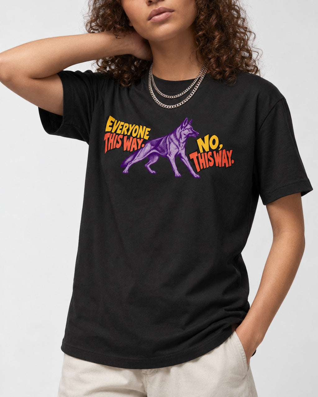 German Shepherd Dog Everyone This Way No This Way Direction Graphic T-Shirt in Black, worn by a model, front view