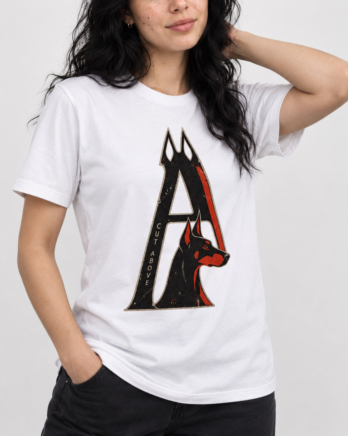 Doberman A Cut Above T-Shirt in White, worn by a model, front view