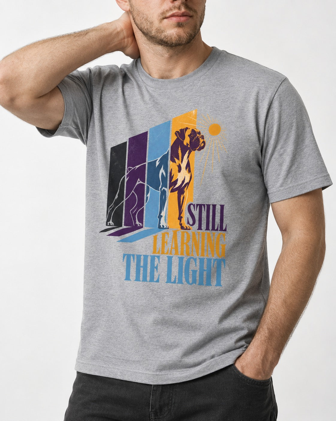 Still Learning the Light Boxer Doorway Progression Graphic T-Shirt in Sport Grey, worn by a model, front view