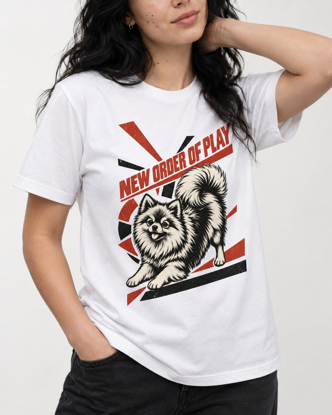 Pomeranian Order of Play T-Shirt in White, worn by a model, front view