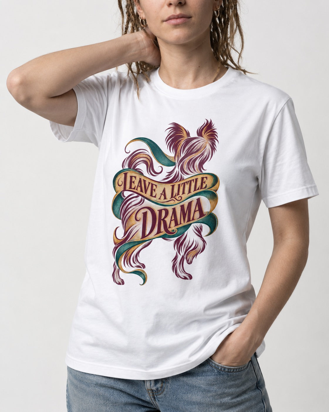 Leave a Little Drama Yorkshire Terrier T-Shirt in White, worn by a model, front view