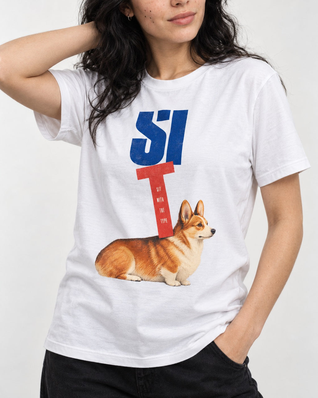 Sit with the Corgi T-Shirt in White, worn by a model, front view
