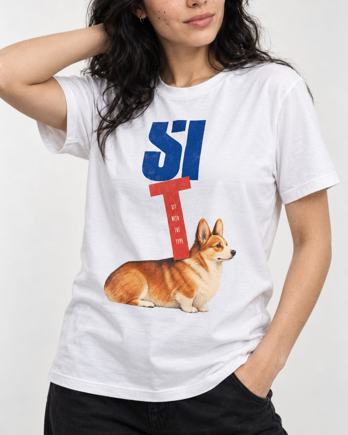 Sit with the Corgi T-Shirt in White, worn by a model, front view