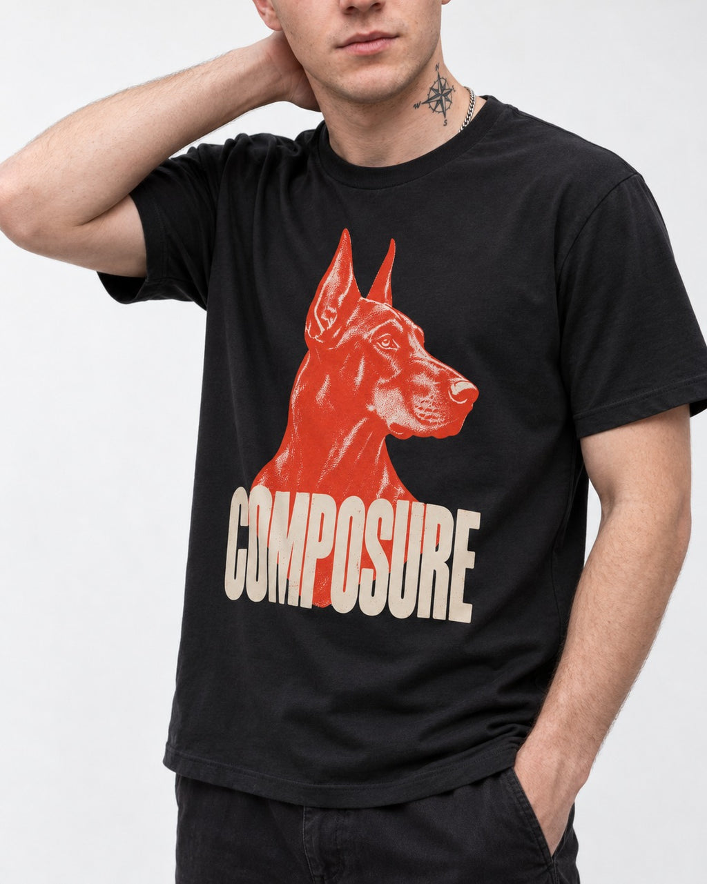 Doberman Composure Portrait Graphic T-Shirt in Black, worn by a model, front view
