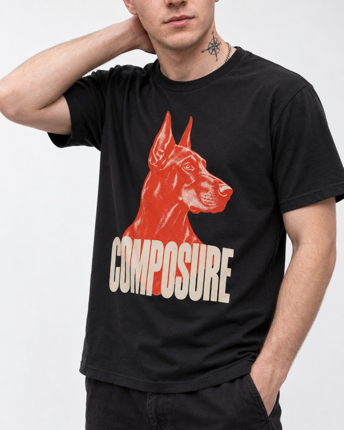 Doberman Composure Portrait Graphic T-Shirt in Black, worn by a model, front view