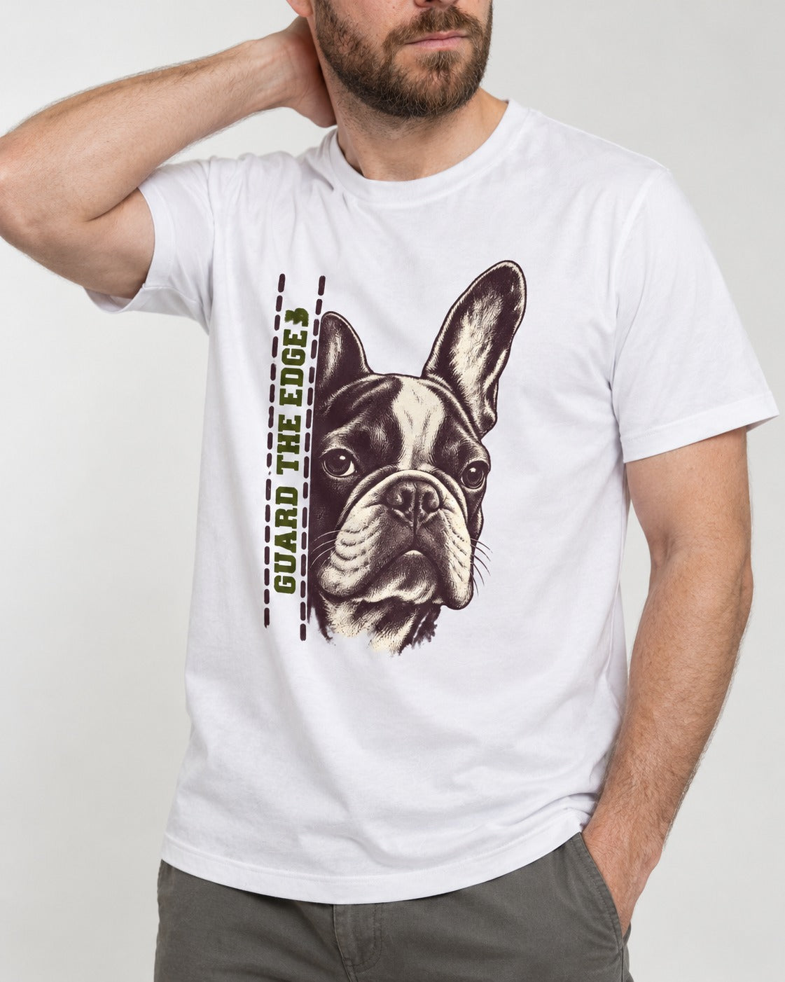 Frenchie Guard the Edge T-Shirt in White, worn by a model, front view