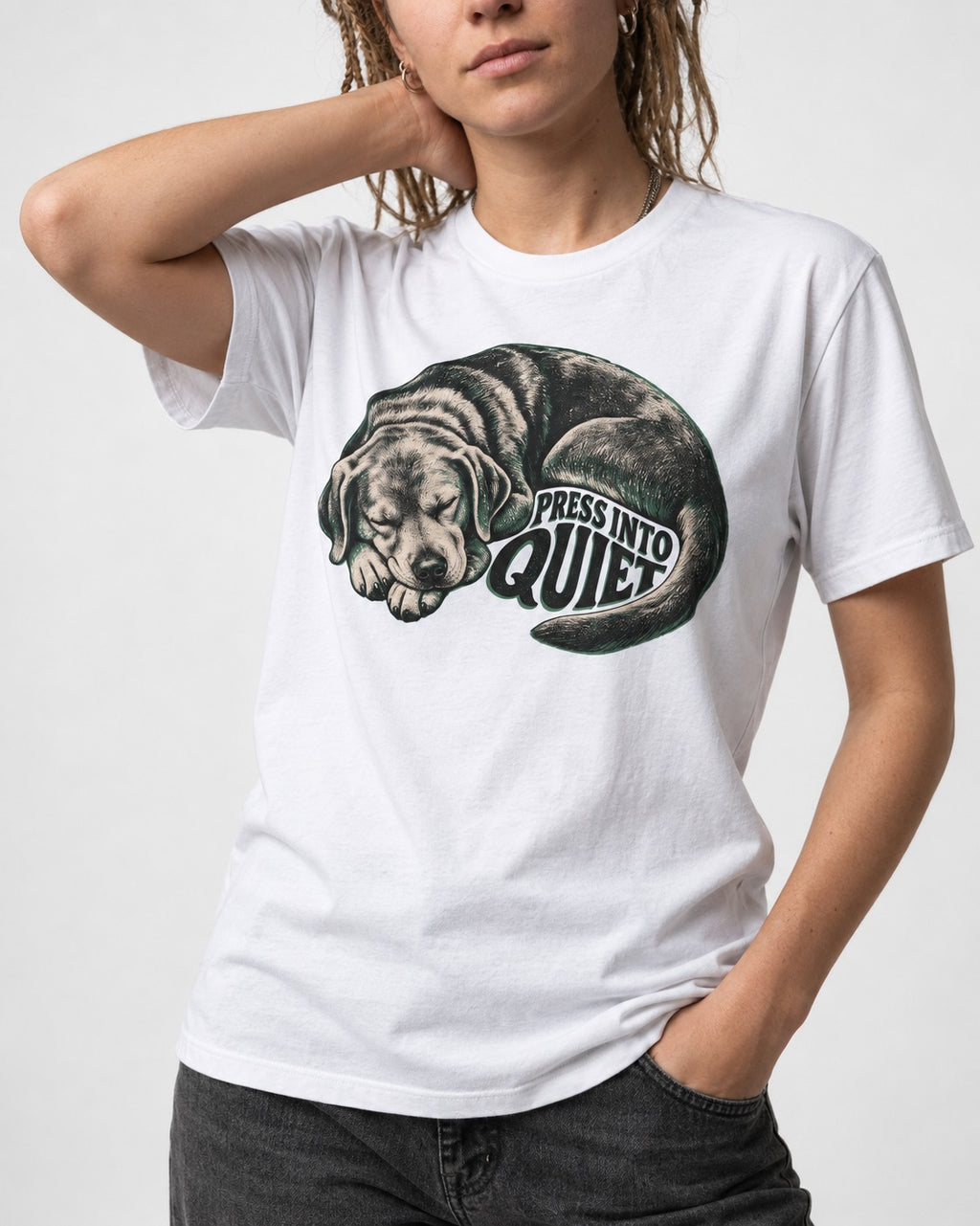 Labrador Retriever Press Into Quiet T-Shirt in White, worn by a model, front view