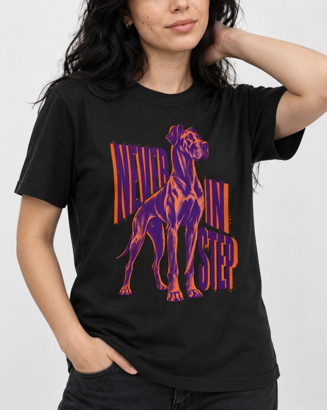 Great Dane Never in Step Standing Graphic T-Shirt in Black, worn by a model, front view