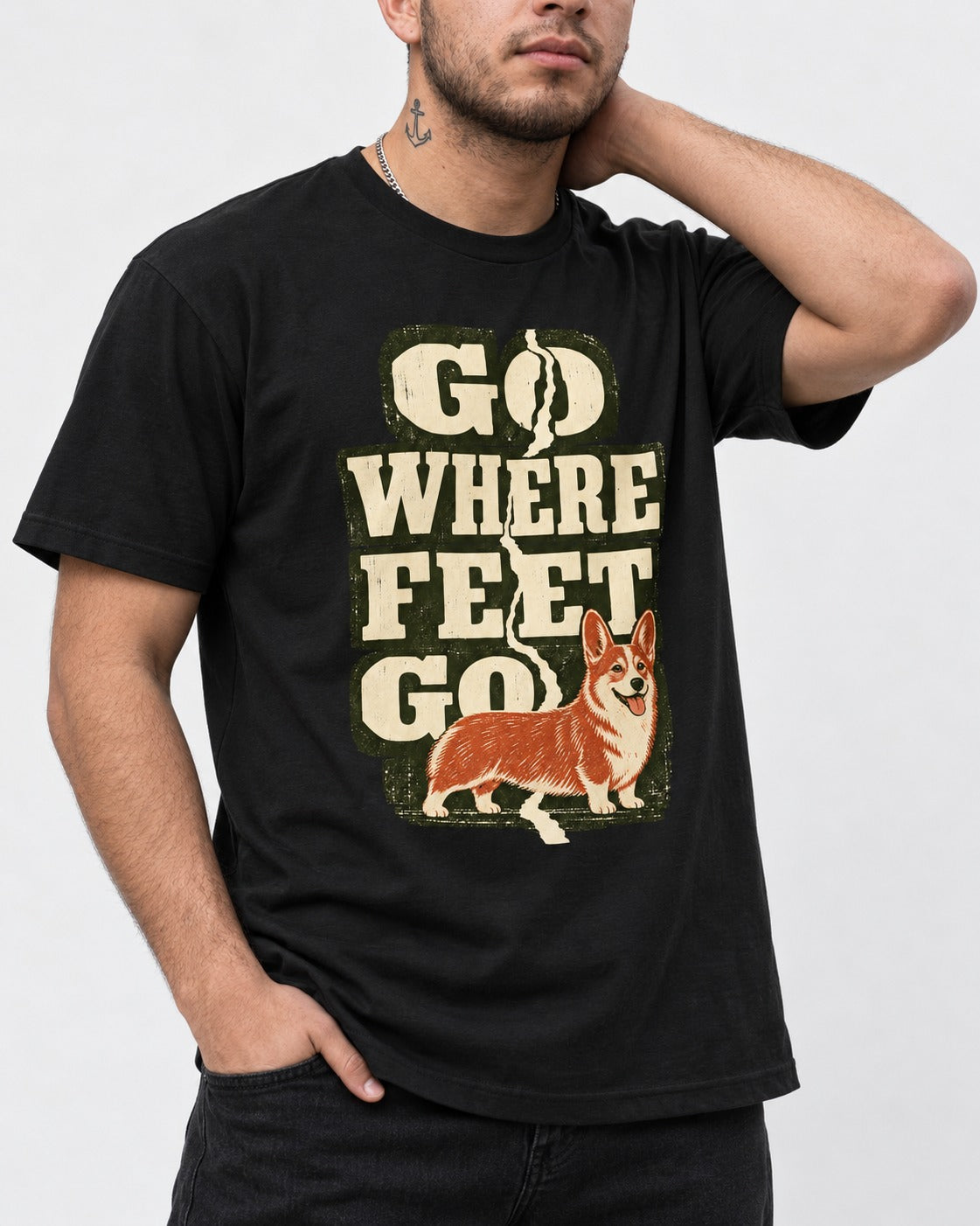 Corgi Go Where Feet Go Path T-Shirt in Black, worn by a model, front view