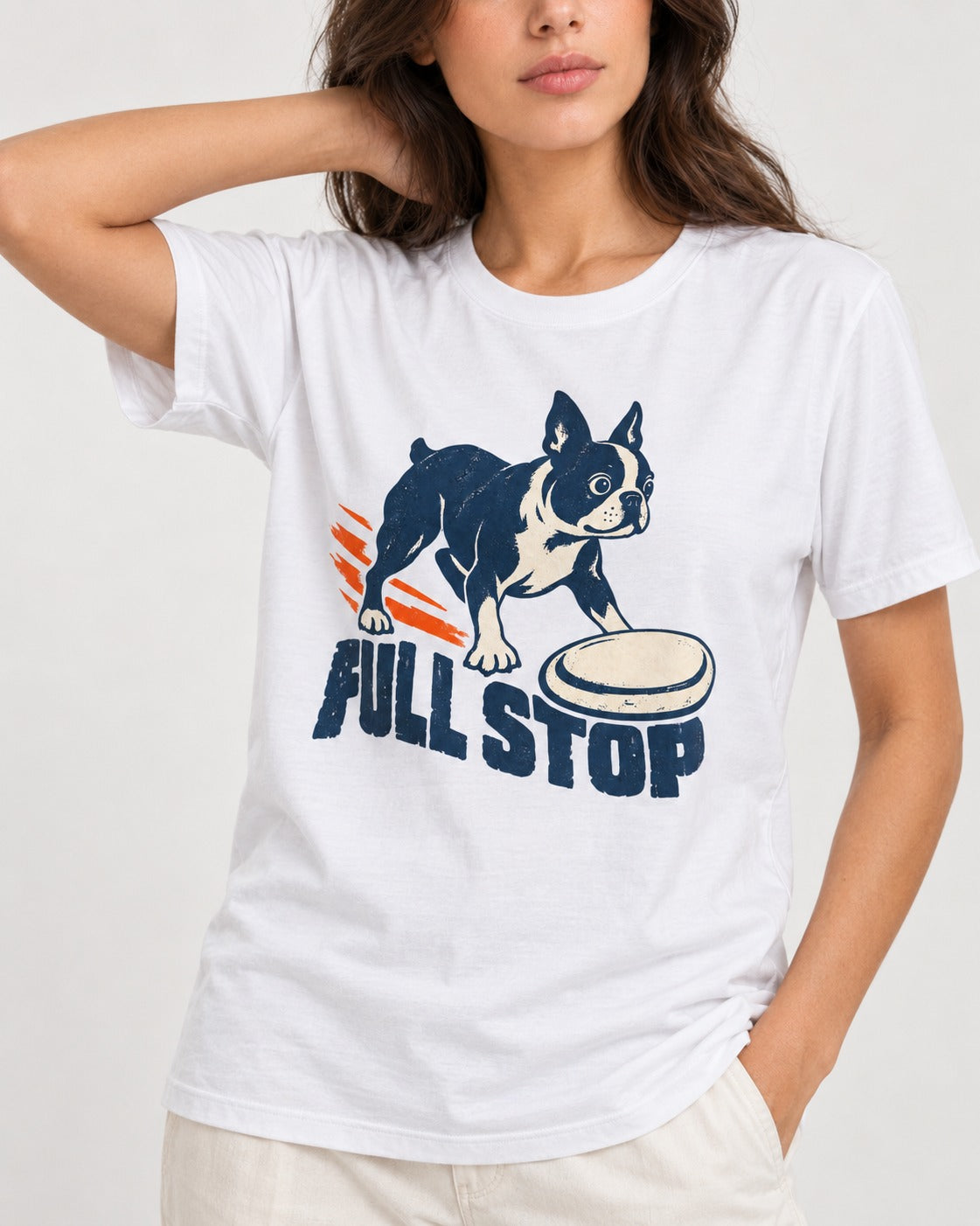 Boston Terrier Full Stop T-Shirt in White, worn by a model, front view