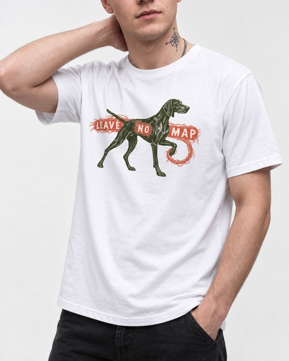 Leave No Map German Shorthaired Pointer T-Shirt in White, worn by a model, front view