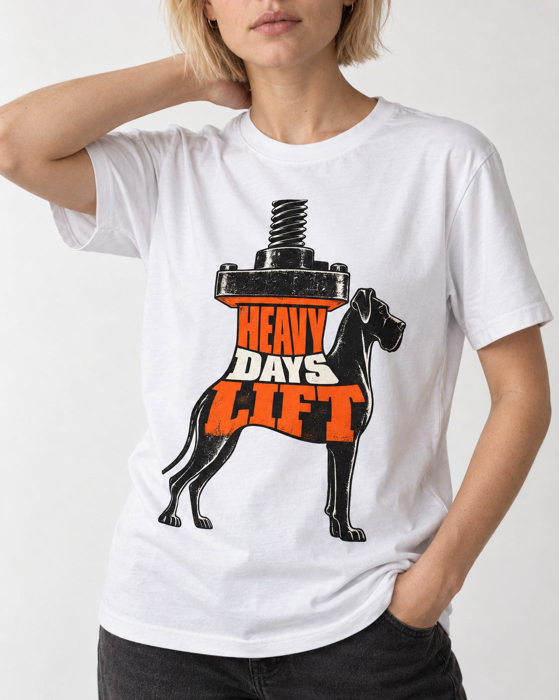 Great Dane Heavy Days Lift T-Shirt in White, worn by a model, front view