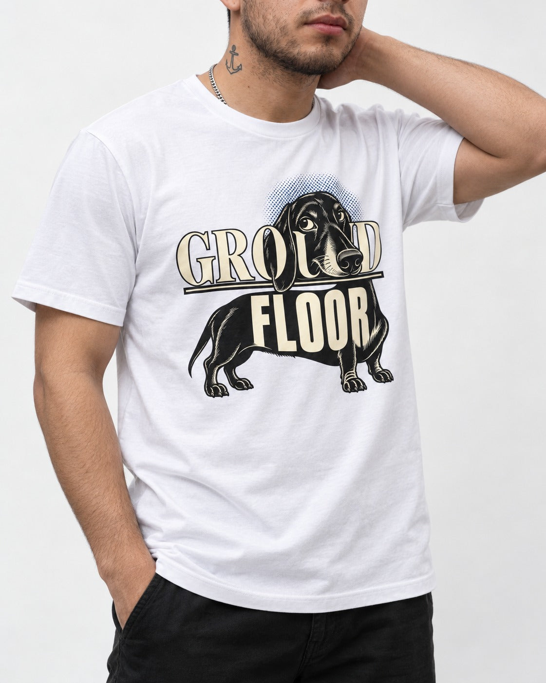 Ground Floor Dachshund T-Shirt in White, worn by a model, front view
