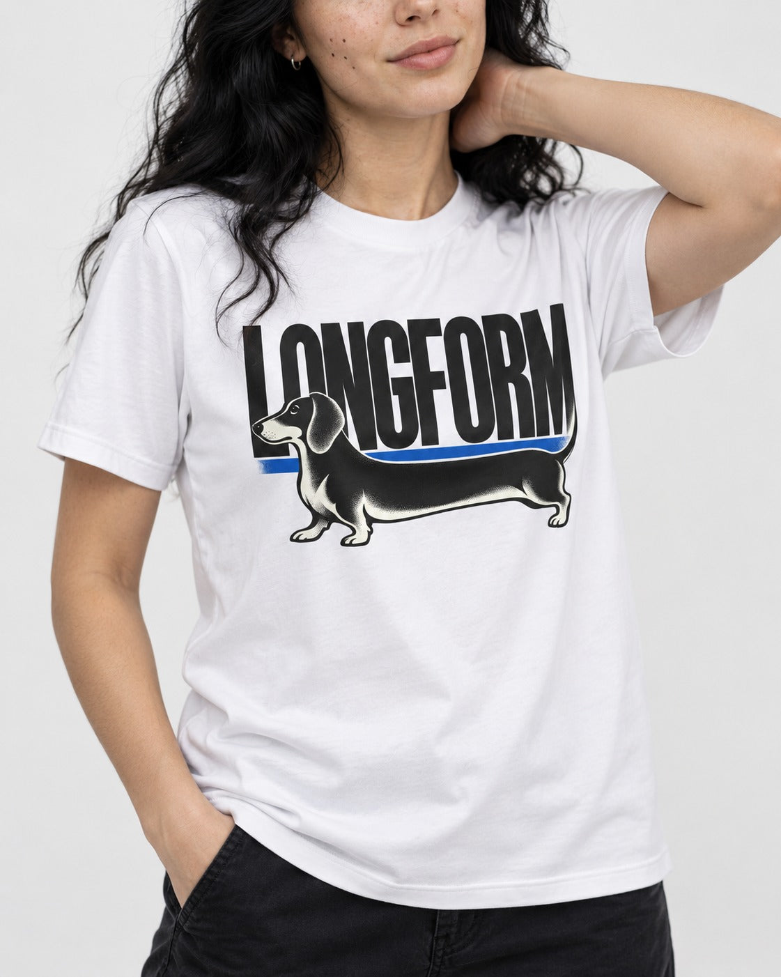 Longform Dachshund T-Shirt in White, worn by a model, front view