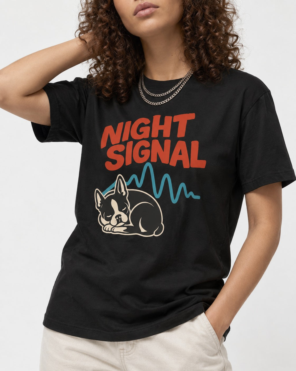 Boston Terrier Sleeping Night Signal T-Shirt in Black, worn by a model, front view