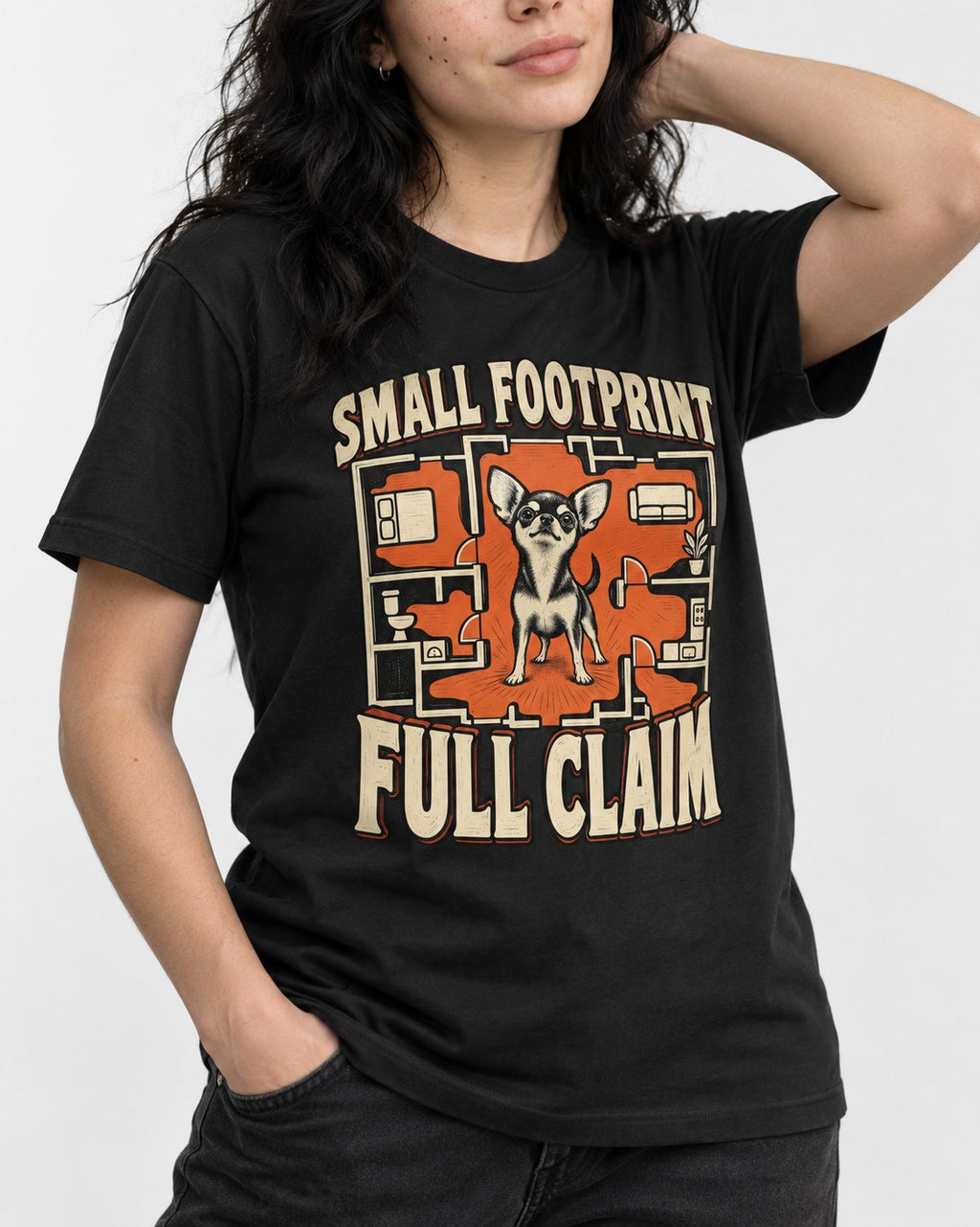 Chihuahua Small Footprint Full Claim Floor Plan Graphic T-Shirt in Black, worn by a model, front view