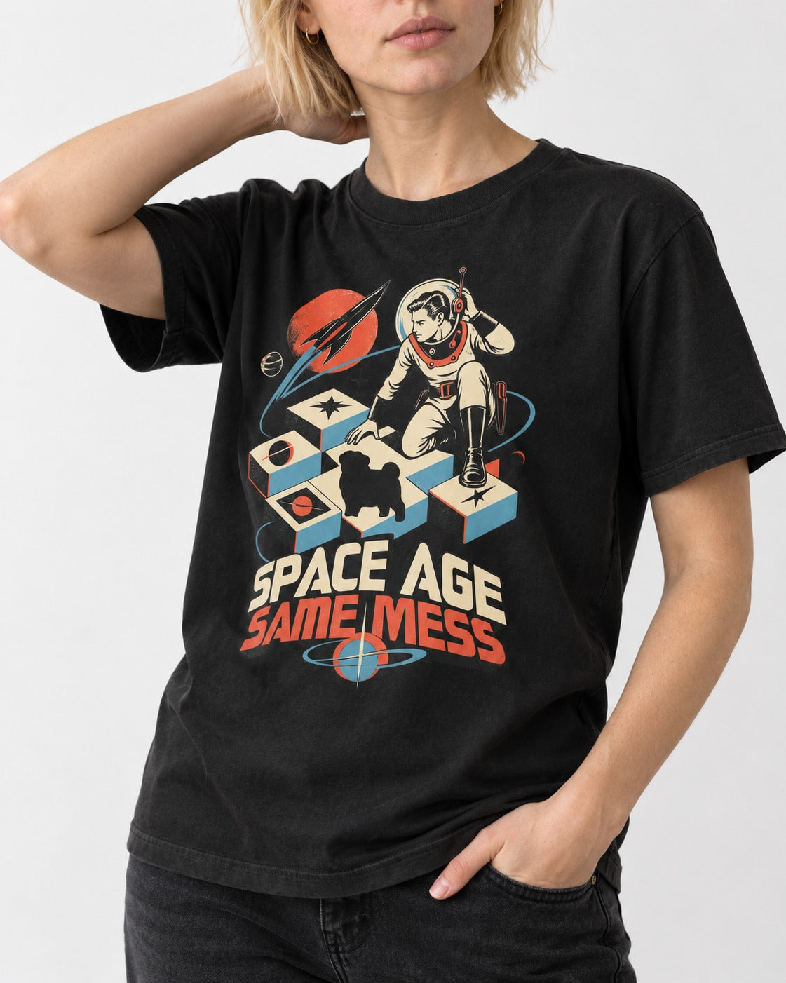 Pug Space Age Same Mess Astronaut Graphic T-Shirt in Black, worn by a model, front view