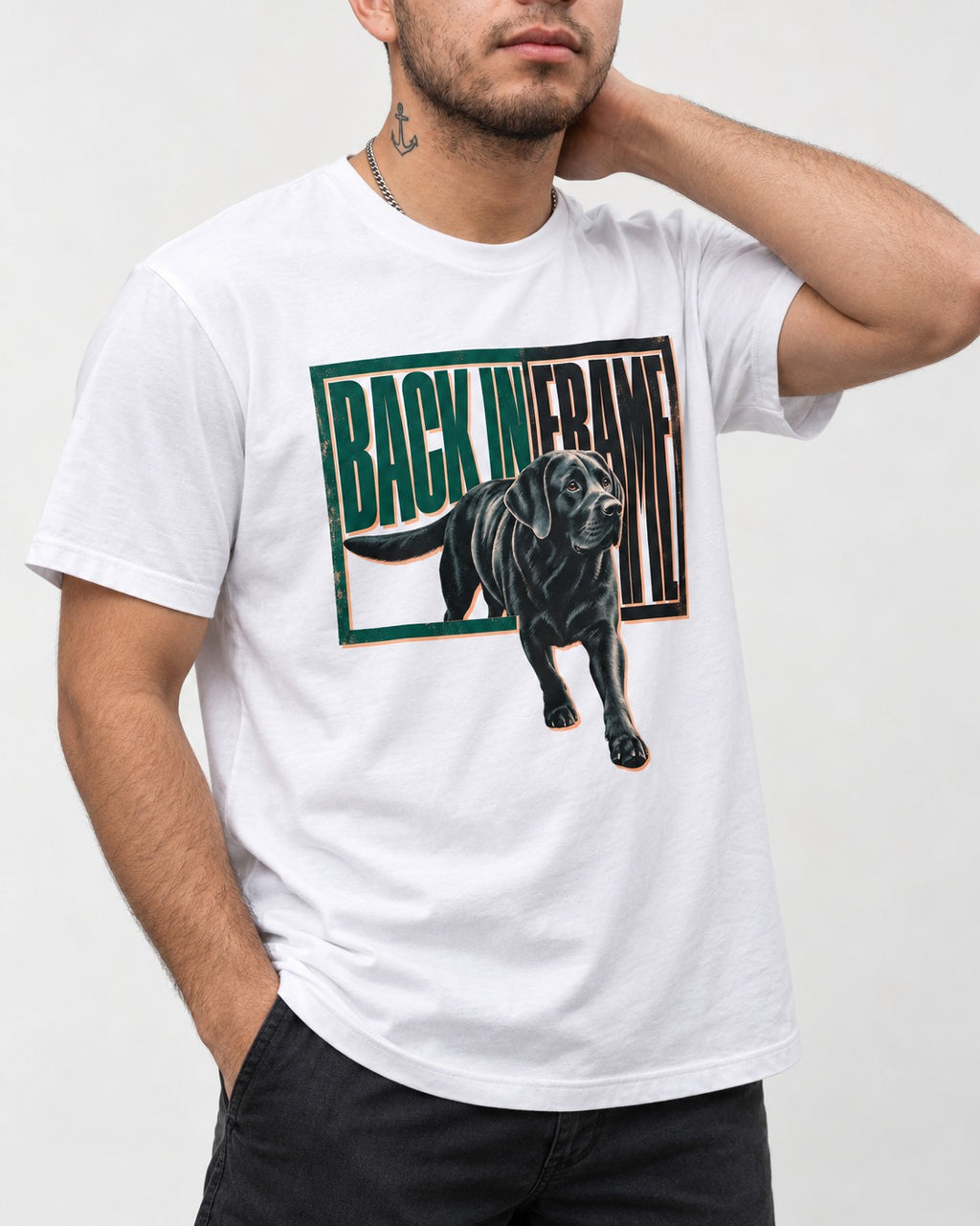 Labrador Retriever Back in Frame T-Shirt in White, worn by a model, front view